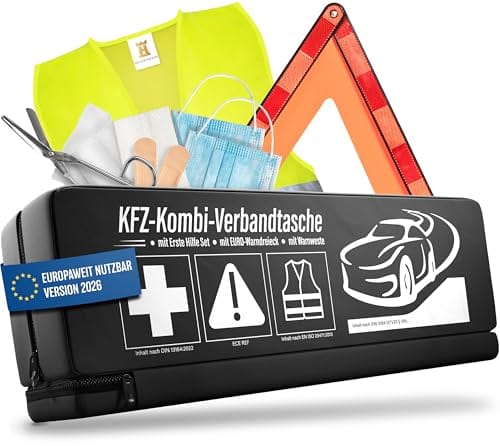 HELDENWERK 3 in 1 Erste Hilfe Set Auto 2026 europaweit einsetzbar & gepr&uuml;ft (StVO konform) I KFZ Kombitasche mit Warnweste, Warndreieck & Verbandkasten I Unfall Zubeh&ouml;r Set, PKW-Notfallset, Pannenset